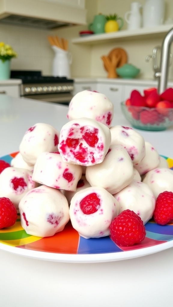 Frozen raspberry yogurt bites on a colorful plate with fresh raspberries.